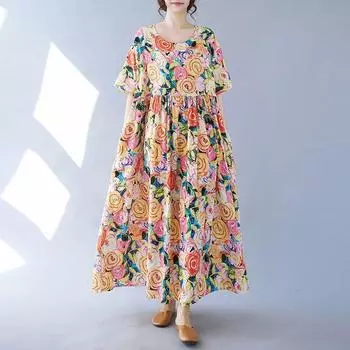 Новое хлопковое платье большого размера с короткими рукавами и цветочным принтом для женщин, повседневное свободное длинное летнее платье, элегантная одежда