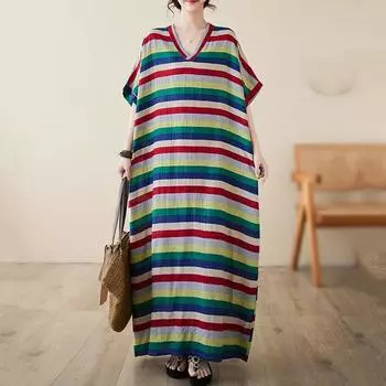 Новое хлопковое платье в винтажную полоску с коротким рукавом больших размеров для женщин, повседневное свободное длинное летнее платье макси