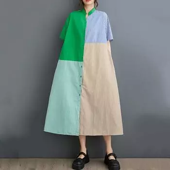 Новое хлопковое платье в винтажную полоску с коротким рукавом больших размеров для женщин, повседневное свободное длинное летнее платье-рубашка зелёный