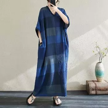 Новое хлопковое винтажное клетчатое платье больших размеров с короткими рукавами для женщин, повседневное свободное длинное летнее платье макси