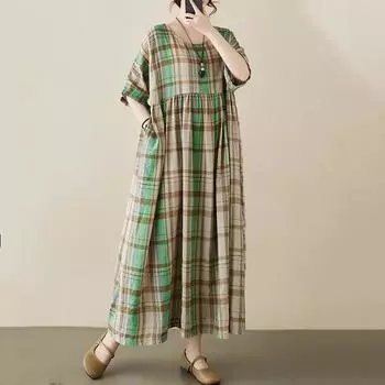 Новое хлопковое винтажное клетчатое платье больших размеров с короткими рукавами для женщин, повседневное свободное длинное летнее платье зелёный