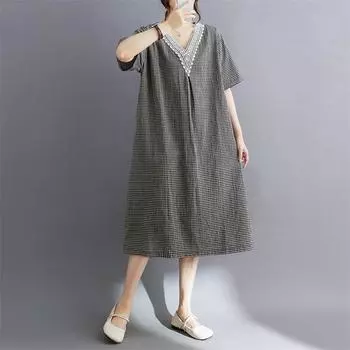 Новое хлопковое винтажное клетчатое платье больших размеров с коротким рукавом для женщин, повседневное свободное длинное летнее платье M чёрный