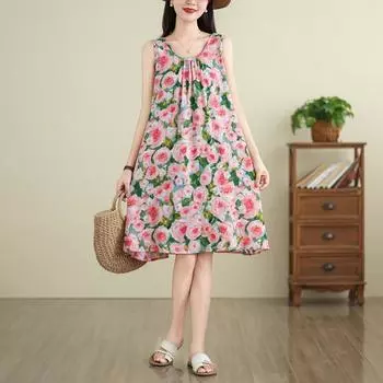 Новое хлопковое винтажное платье без рукавов больших размеров с цветочным принтом для женщин, повседневное свободное летнее платье миди M