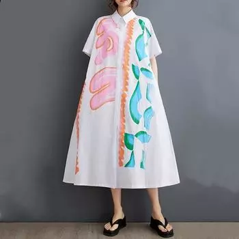 Новое хлопковое винтажное платье больших размеров с коротким рукавом для женщин, повседневное свободное длинное летнее платье-рубашка белый