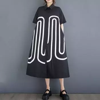 Новое хлопковое винтажное платье больших размеров с коротким рукавом для женщин, повседневное свободное длинное летнее платье-рубашка чёрный