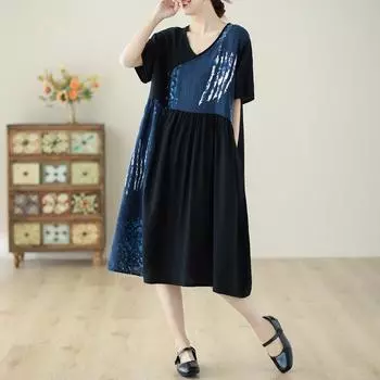 Новое хлопковое винтажное платье больших размеров с коротким рукавом для женщин, повседневное свободное длинное летнее платье чёрный