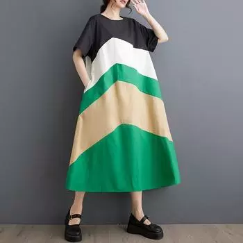 Новое хлопковое винтажное платье больших размеров с коротким рукавом для женщин, повседневное свободное длинное летнее платье зелёный