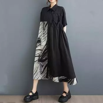 Новое хлопковое винтажное платье больших размеров с коротким рукавом для женщин, повседневное свободное длинное летнее платье-рубашка