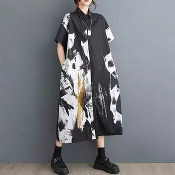 Новое хлопковое винтажное платье больших размеров с коротким рукавом для женщин, повседневное свободное длинное летнее платье-рубашка