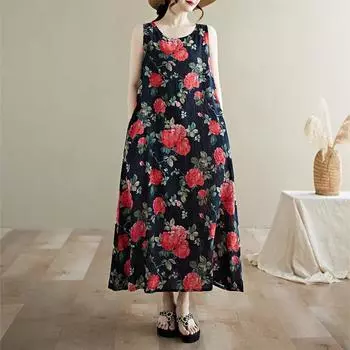 Новое хлопковое винтажное платье с цветочным принтом без рукавов больших размеров для женщин, повседневное свободное длинное летнее платье M