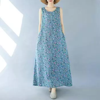 Новое хлопковое винтажное платье с цветочным принтом без рукавов больших размеров для женщин, повседневное свободное длинное летнее платье M синий