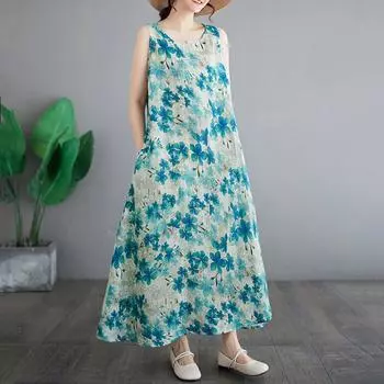 Новое хлопковое винтажное платье с цветочным принтом без рукавов больших размеров для женщин, повседневное свободное длинное летнее платье M