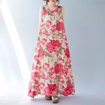 Новое хлопковое винтажное платье с цветочным принтом без рукавов больших размеров для женщин, повседневное свободное длинное летнее платье M