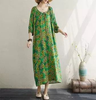 Новое хлопковое винтажное платье с цветочным принтом больших размеров с коротким рукавом для женщин, повседневное свободное длинное летнее платье