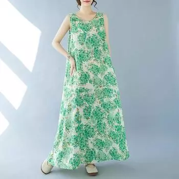 Новое хлопковое винтажное платье с цветочным принтом без рукавов больших размеров для женщин, повседневное свободное длинное летнее платье M зелёный