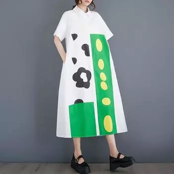 Новое хлопковое винтажное платье с цветочным принтом больших размеров с коротким рукавом для женщин, повседневное свободное длинное летнее платье-рубашка белый