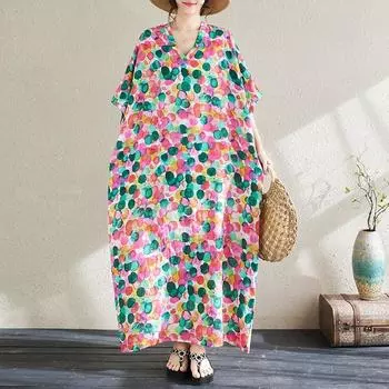 Новое хлопковое винтажное платье с цветочным принтом больших размеров с короткими рукавами для женщин, повседневное свободное длинное летнее платье макси