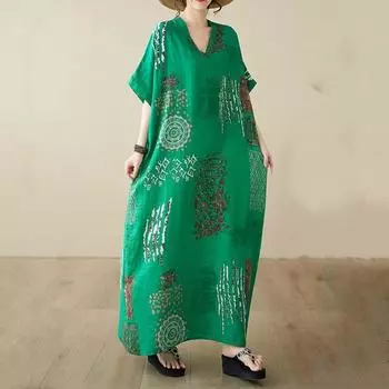 Новое хлопковое винтажное платье с цветочным принтом больших размеров с короткими рукавами для женщин, повседневное свободное длинное летнее платье макси