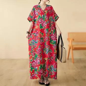 Новое хлопковое винтажное платье с цветочным принтом больших размеров с короткими рукавами для женщин, повседневное свободное длинное летнее платье макси