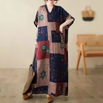 Новое хлопковое винтажное платье с цветочным принтом больших размеров с короткими рукавами для женщин, повседневное свободное длинное летнее платье макси