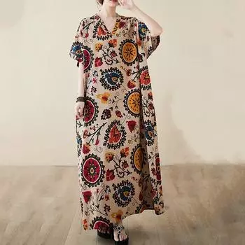 Новое хлопковое винтажное платье с цветочным принтом больших размеров с короткими рукавами для женщин, повседневное свободное длинное летнее платье макси