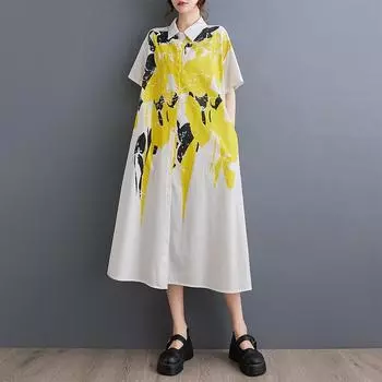 Новое хлопковое винтажное платье с цветочным принтом больших размеров с короткими рукавами для женщин, повседневное свободное длинное летнее платье-рубашка белый