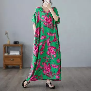 Новое хлопковое винтажное платье с цветочным принтом больших размеров с короткими рукавами для женщин, повседневное свободное длинное летнее платье макси
