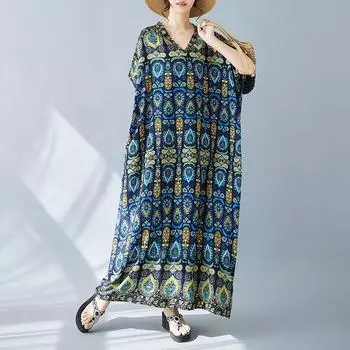 Новое хлопковое винтажное платье с цветочным принтом больших размеров с короткими рукавами для женщин, повседневное свободное длинное летнее платье макси