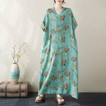Новое хлопковое винтажное платье с цветочным принтом больших размеров с короткими рукавами для женщин, повседневное свободное длинное летнее платье макси