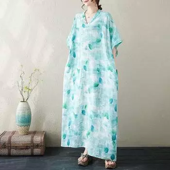 Новое хлопковое винтажное платье с цветочным принтом больших размеров с короткими рукавами для женщин, повседневное свободное длинное летнее платье макси