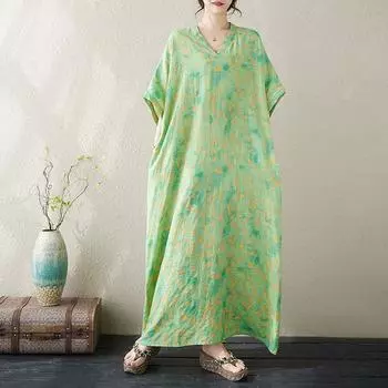 Новое хлопковое винтажное платье с цветочным принтом больших размеров с короткими рукавами для женщин, повседневное свободное длинное летнее платье макси