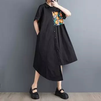Новое хлопковое винтажное платье с цветочным принтом больших размеров с короткими рукавами для женщин, повседневное свободное длинное летнее платье-рубашка чёрный