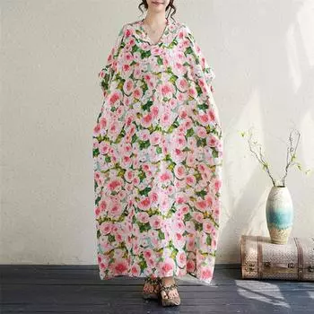Новое хлопковое винтажное платье с цветочным принтом больших размеров с короткими рукавами для женщин, повседневное свободное длинное летнее платье макси
