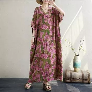 Новое хлопковое винтажное платье с цветочным принтом больших размеров с короткими рукавами для женщин, повседневное свободное длинное летнее платье макси