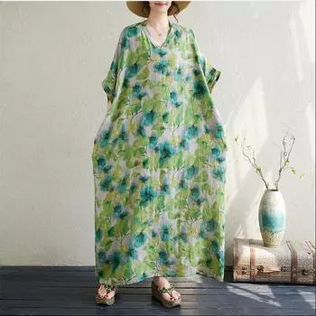 Новое хлопковое винтажное платье с цветочным принтом больших размеров с короткими рукавами для женщин, повседневное свободное длинное летнее платье макси