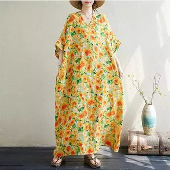 Новое хлопковое винтажное платье с цветочным принтом больших размеров с короткими рукавами для женщин, повседневное свободное длинное летнее платье макси