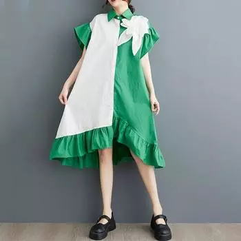 Новое хлопковое винтажное платье с цветочным принтом больших размеров с короткими рукавами для женщин, повседневное свободное длинное летнее платье миди зелёный