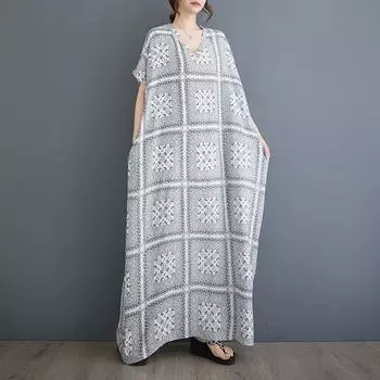 Новое хлопковое винтажное платье с цветочным принтом больших размеров с короткими рукавами для женщин, повседневное свободное длинное летнее платье макси