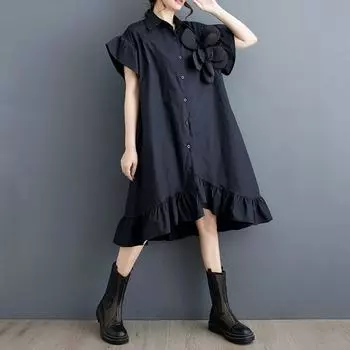Новое хлопковое винтажное платье с цветочным принтом больших размеров с коротким рукавом для женщин, повседневное свободное длинное летнее платье-рубашка миди чёрный