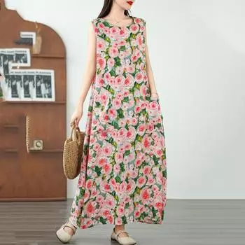 Новое хлопковое винтажное платье с цветочным принтом без рукавов больших размеров для женщин, повседневное свободное длинное летнее платье L