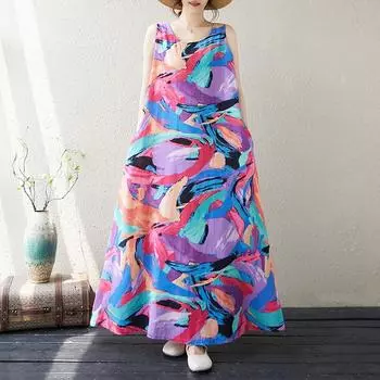 Новое хлопковое винтажное платье с цветочным принтом без рукавов больших размеров для женщин, повседневное свободное длинное летнее платье M