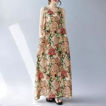 Новое хлопковое винтажное платье с цветочным принтом без рукавов больших размеров для женщин, повседневное свободное длинное летнее платье M
