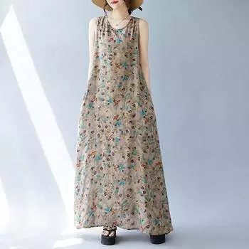 Новое хлопковое винтажное платье с цветочным принтом без рукавов больших размеров для женщин, повседневное свободное длинное летнее платье M