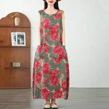 Новое хлопковое винтажное платье с цветочным принтом без рукавов больших размеров для женщин, повседневное свободное длинное летнее платье XL