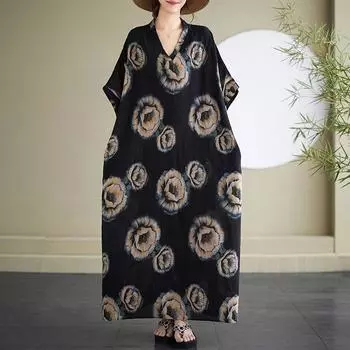 Новое хлопковое винтажное платье с цветочным принтом больших размеров с короткими рукавами для женщин, повседневное свободное длинное летнее платье макси