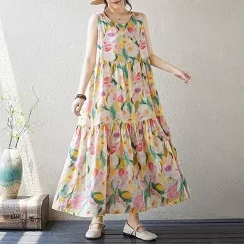 Новое хлопковое винтажное платье с цветочным принтом без рукавов больших размеров для женщин, повседневное свободное длинное летнее платье