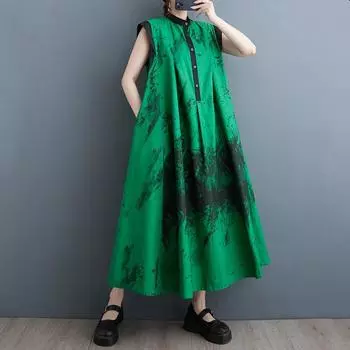 Новое хлопковое винтажное платье с цветочным принтом без рукавов больших размеров для женщин, повседневное свободное длинное летнее платье