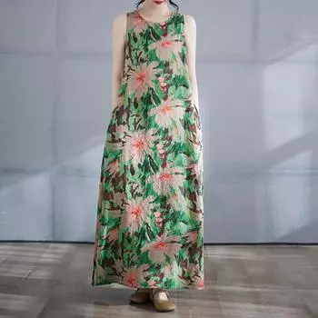 Новое хлопковое винтажное платье с цветочным принтом без рукавов больших размеров для женщин, повседневное свободное длинное летнее платье M