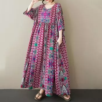 Новое хлопковое винтажное платье с цветочным принтом больших размеров с коротким рукавом для женщин, повседневное свободное длинное летнее платье