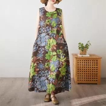 Новое хлопковое винтажное платье с цветочным принтом без рукавов больших размеров для женщин, повседневное свободное длинное летнее платье L